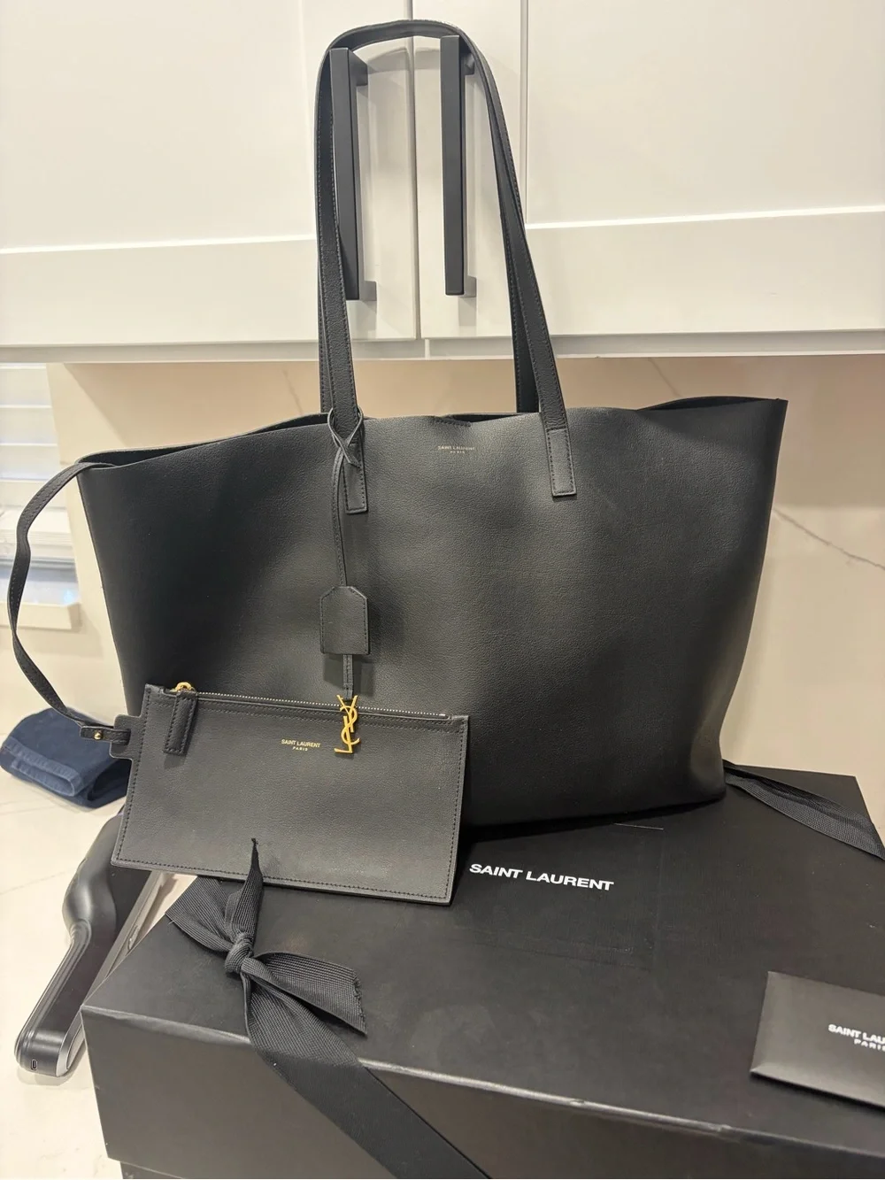 Saint Laurent Black Leather Tote with Detachable Pouch and Gold Hardware
